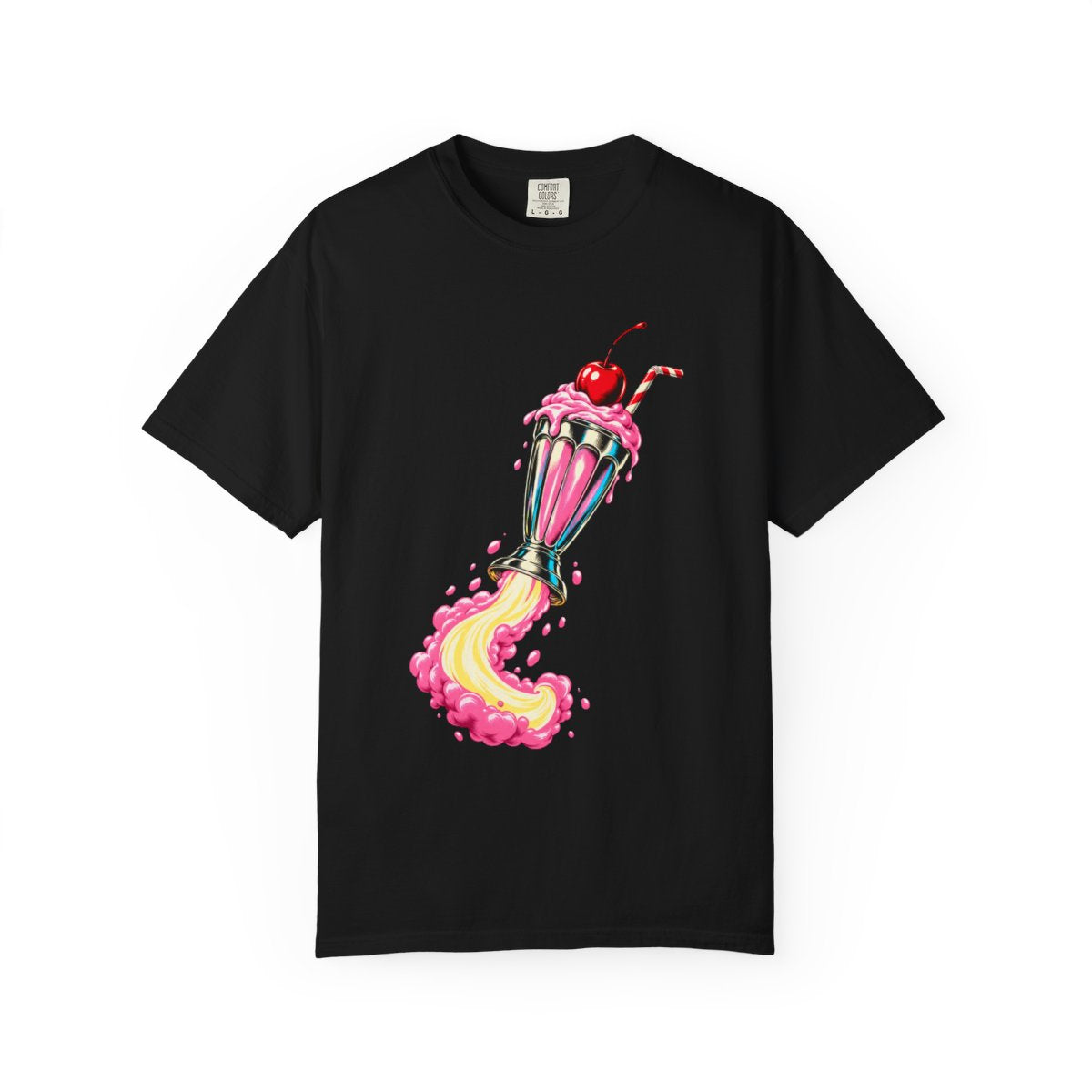 Milkshake Liftoff Tee large front print on a Black Comfort Colors 1717 tee