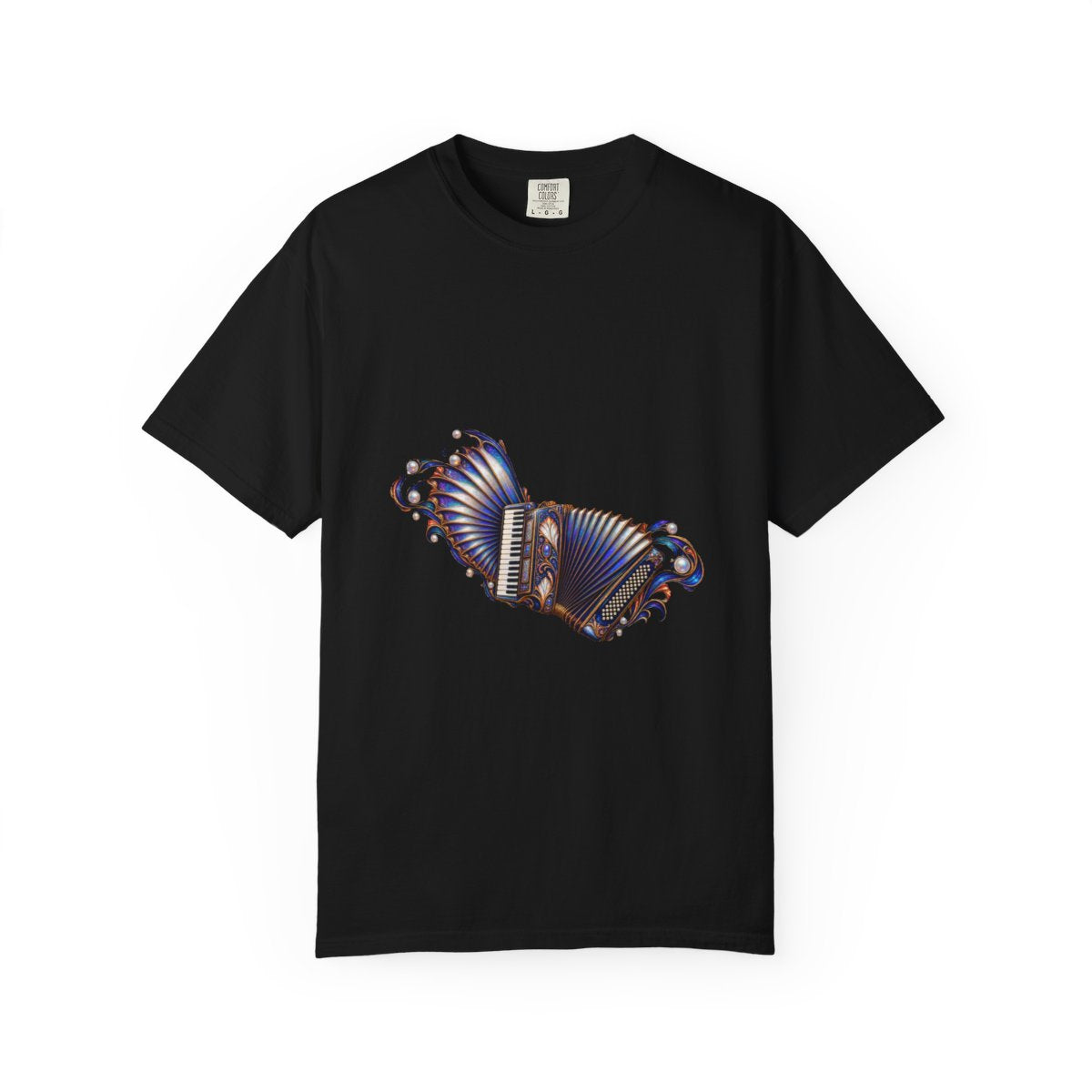 Bellows Unfolded Tee large front print on a Black Comfort Colors 1717 tee