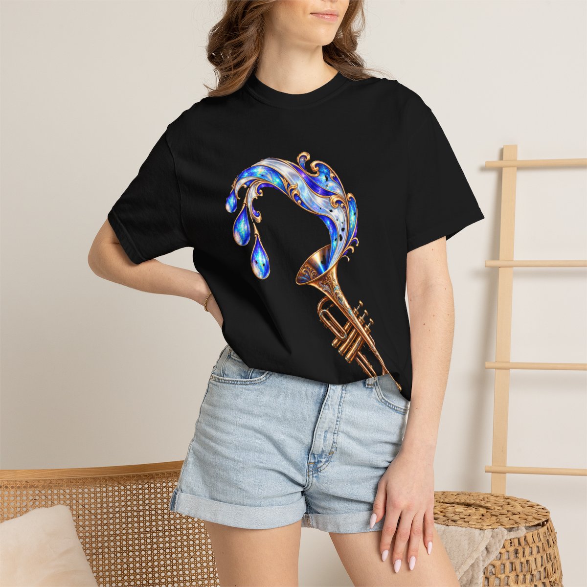 Brass Fountain Tee worn Printify context view on a Black Comfort Colors 1717 tee