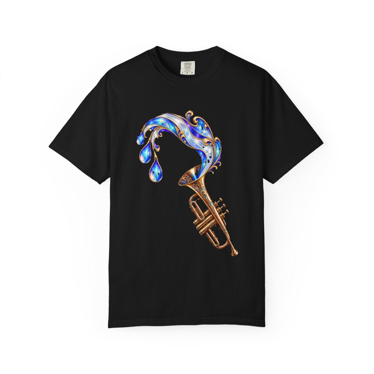 Brass Fountain Tee large front print on a Black Comfort Colors 1717 tee