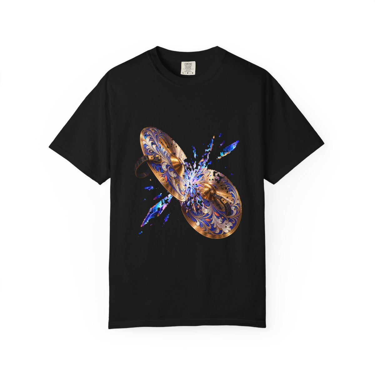 Crash the Cymbals Tee large front print on a Black Comfort Colors 1717 tee