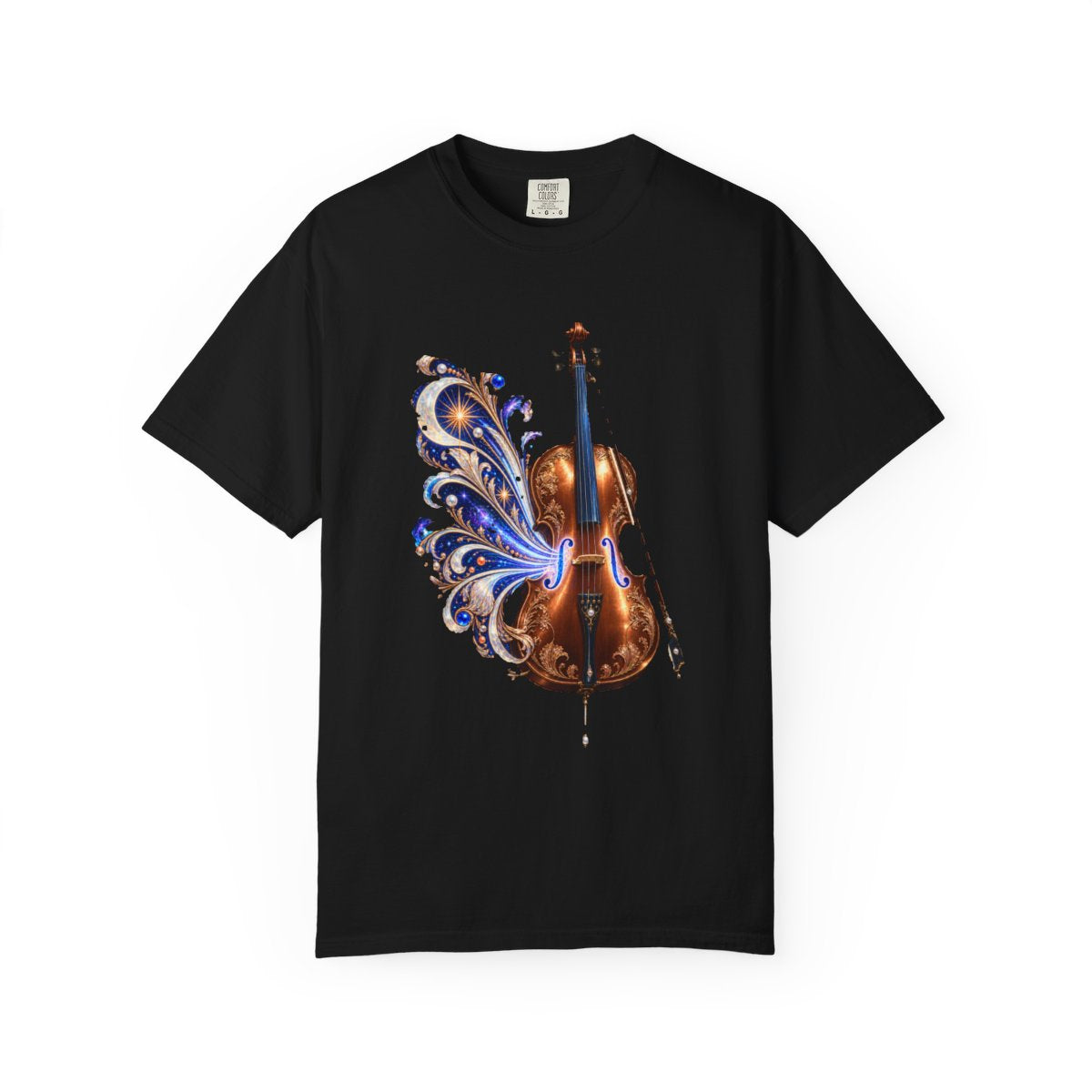 Light in the Cello Tee large front print on a Black Comfort Colors 1717 tee