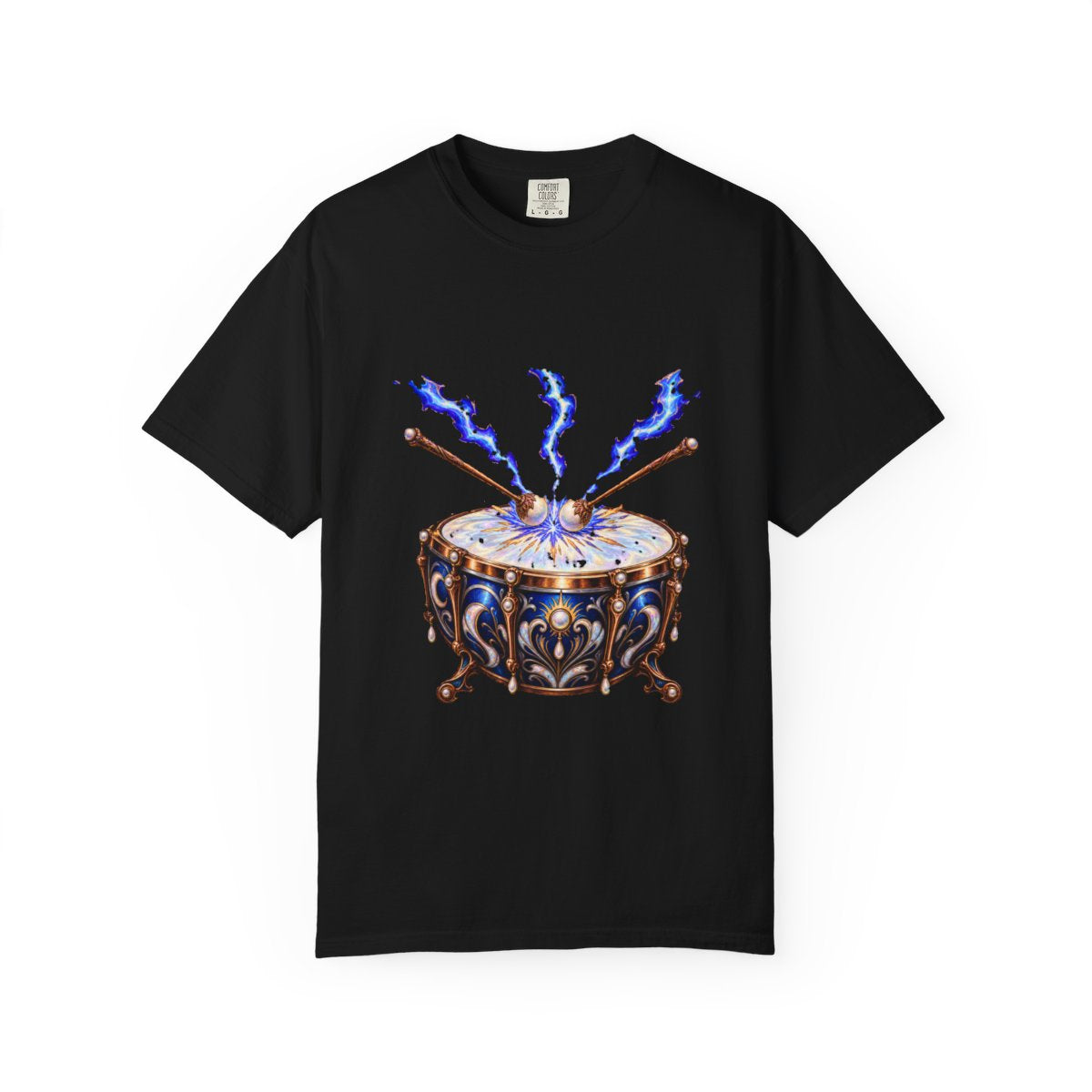 Strike the Drum Tee large front print on a Black Comfort Colors 1717 tee