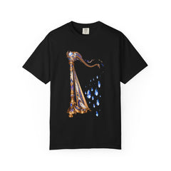 The Rain Harp Tee large front print on a Black Comfort Colors 1717 tee