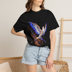 Violin Bird Tee worn Printify context view on a Black Comfort Colors 1717 tee
