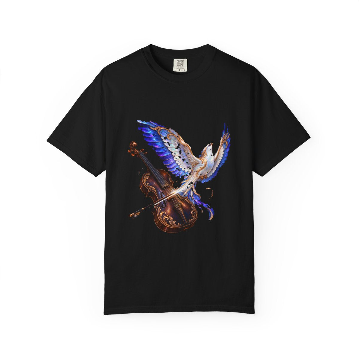 Violin Bird Tee large front print on a Black Comfort Colors 1717 tee