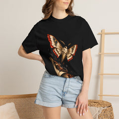 Ash Moth Tee worn Printify context view on a Black Comfort Colors 1717 tee
