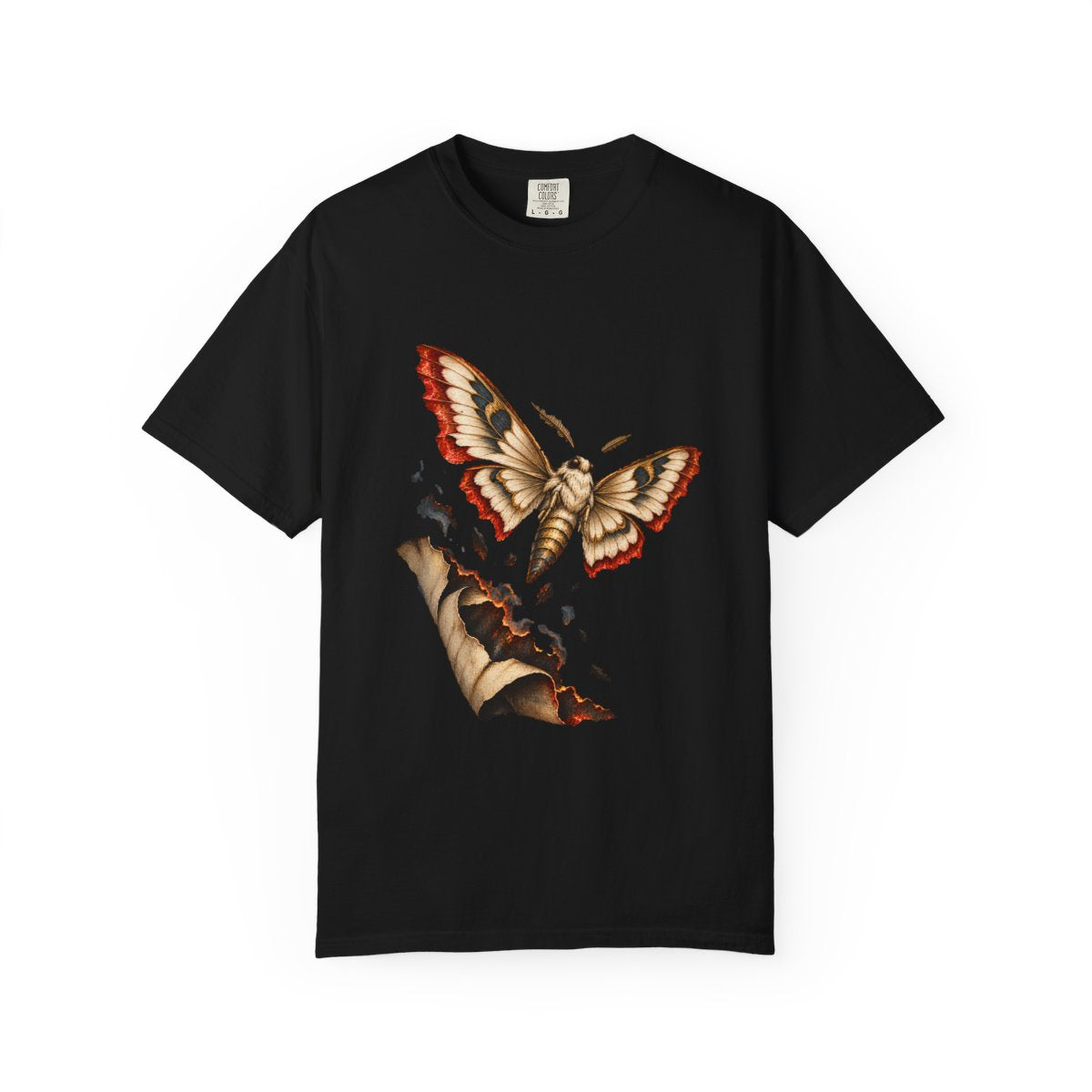 Ash Moth Tee large front print on a Black Comfort Colors 1717 tee