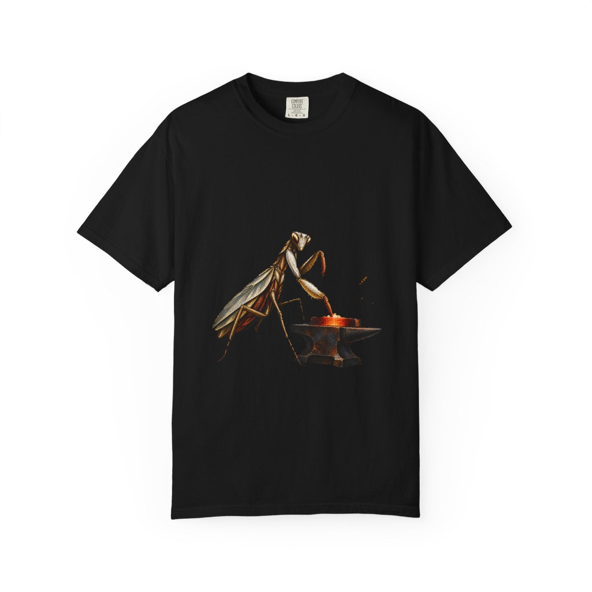 Mantis Strike Tee large front print on a Black Comfort Colors 1717 tee