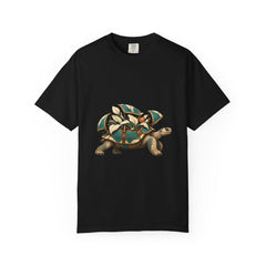Garden Tortoise Tee large front print on a Black Comfort Colors 1717 tee