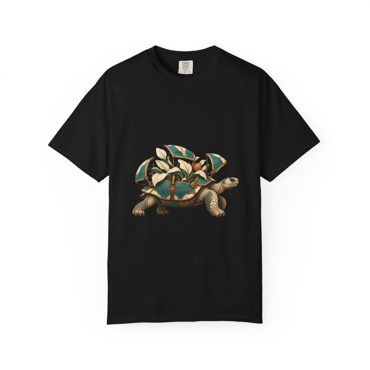 Garden Tortoise Tee large front print on a Black Comfort Colors 1717 tee