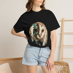 Owl Unmasked Tee worn Printify context view on a Black Comfort Colors 1717 tee