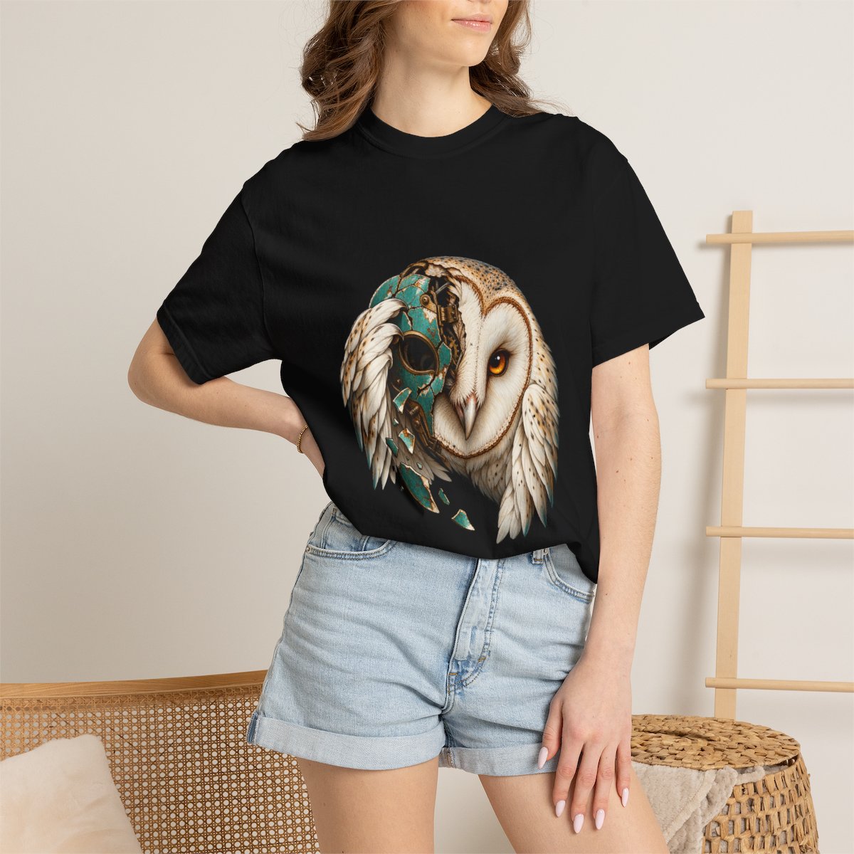 Owl Unmasked Tee worn Printify context view on a Black Comfort Colors 1717 tee