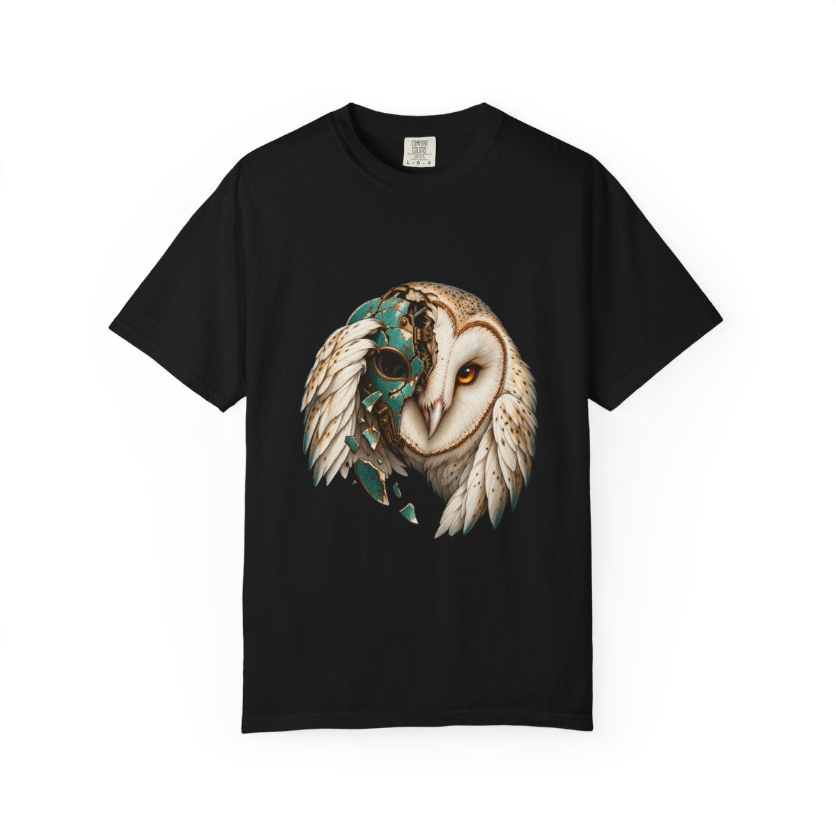 Owl Unmasked Tee large front print on a Black Comfort Colors 1717 tee