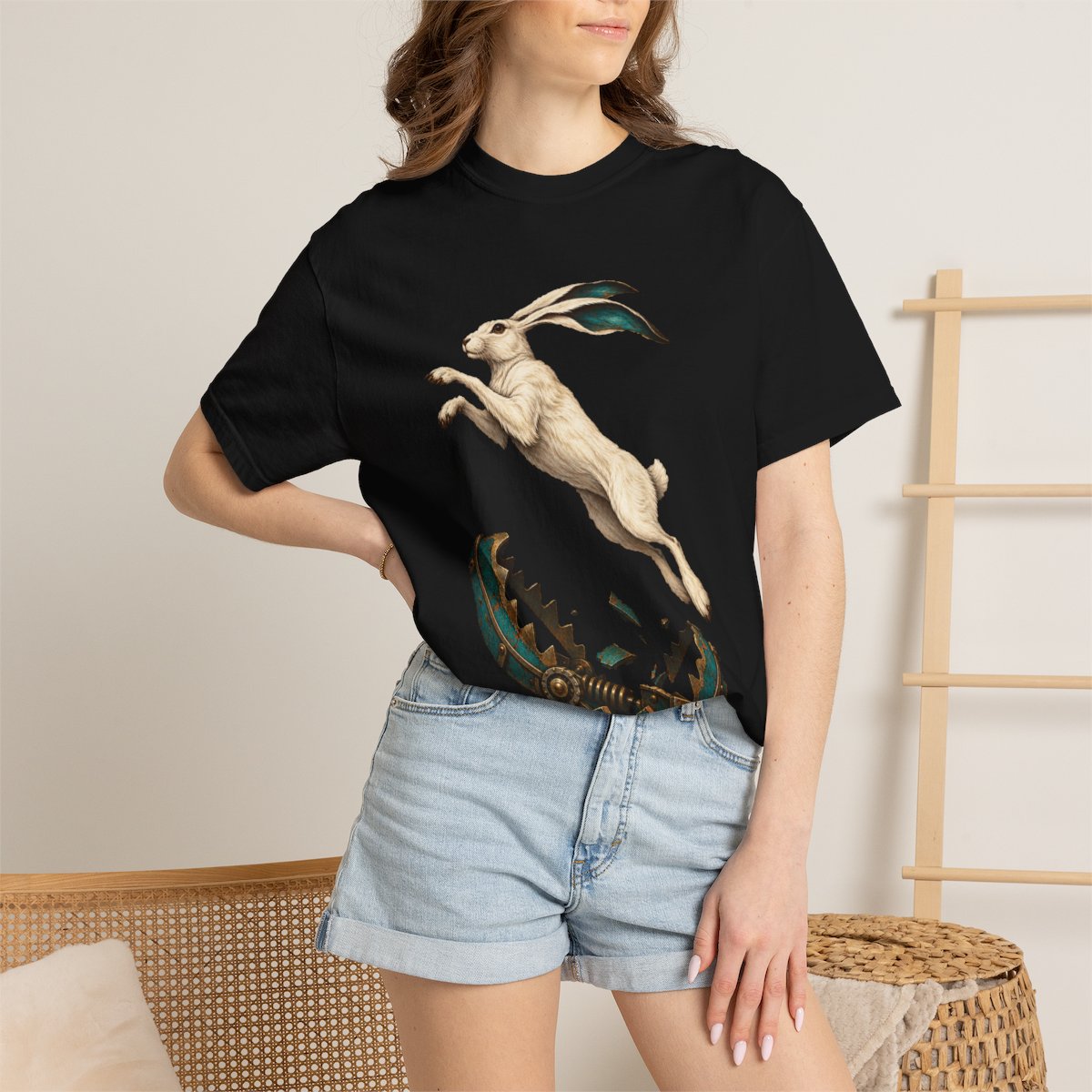 Spring Hare Tee worn Printify context view on a Black Comfort Colors 1717 tee