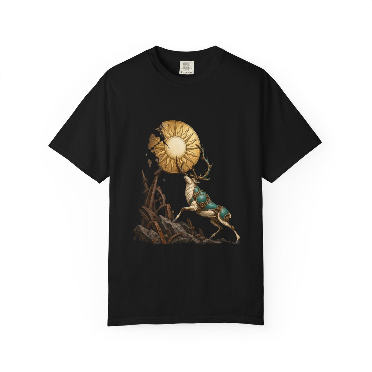 Stag Lifts the Sun Tee large front print on a Black Comfort Colors 1717 tee