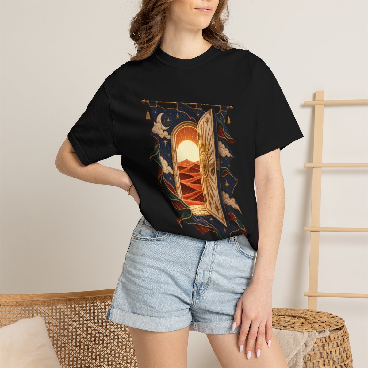 Door in the Quilt Tee worn Printify context view on a Black Comfort Colors 1717 tee