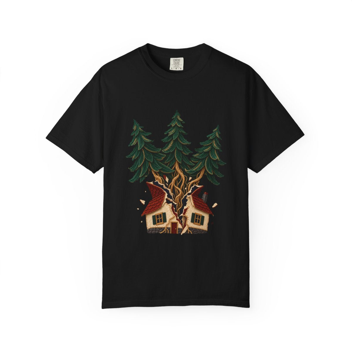 House Unstitched Tee large front print on a Black Comfort Colors 1717 tee