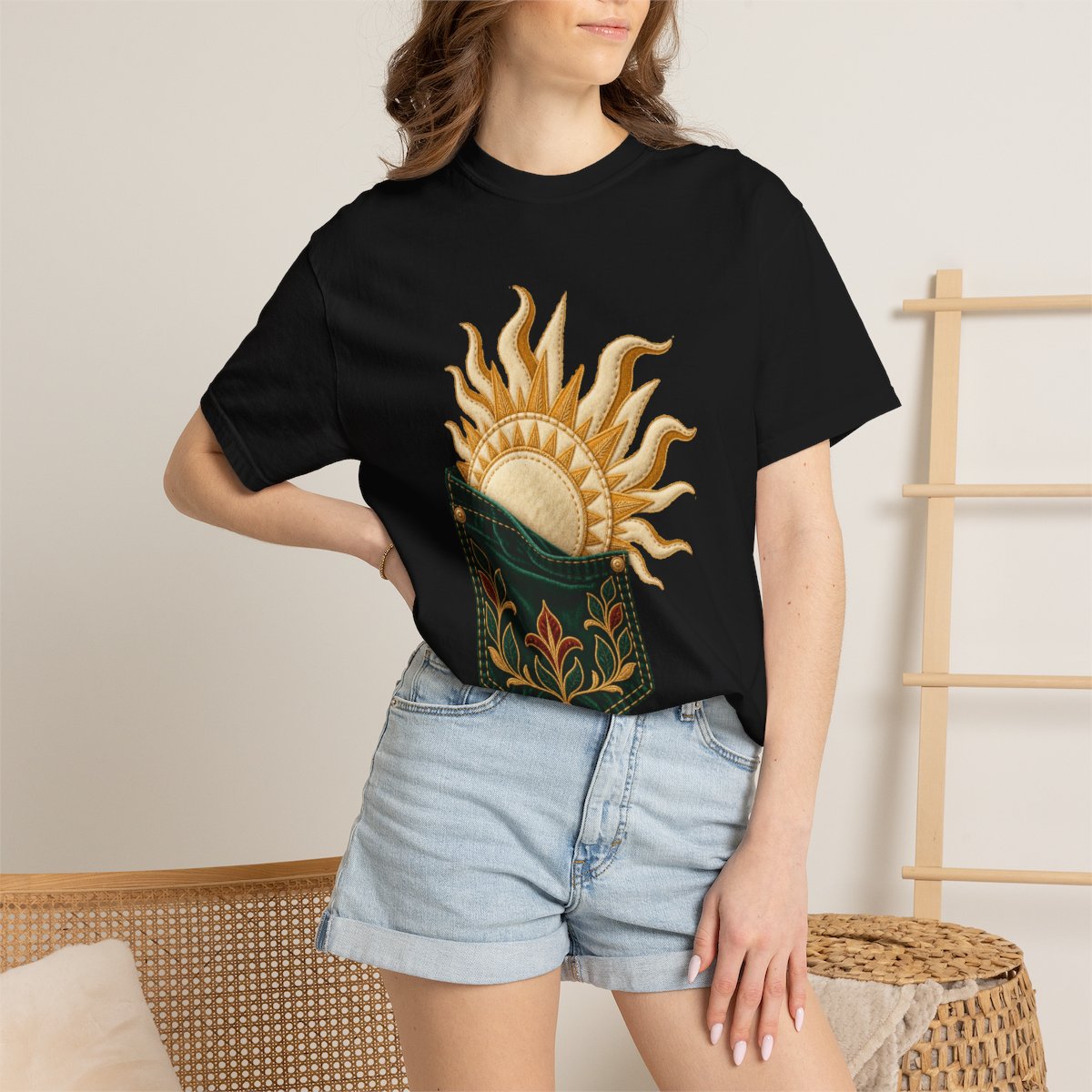 Pocket Sunrise Tee worn Printify context view on a Black Comfort Colors 1717 tee