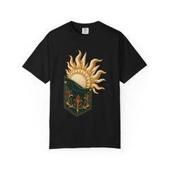 Pocket Sunrise Tee large front print on a Black Comfort Colors 1717 tee
