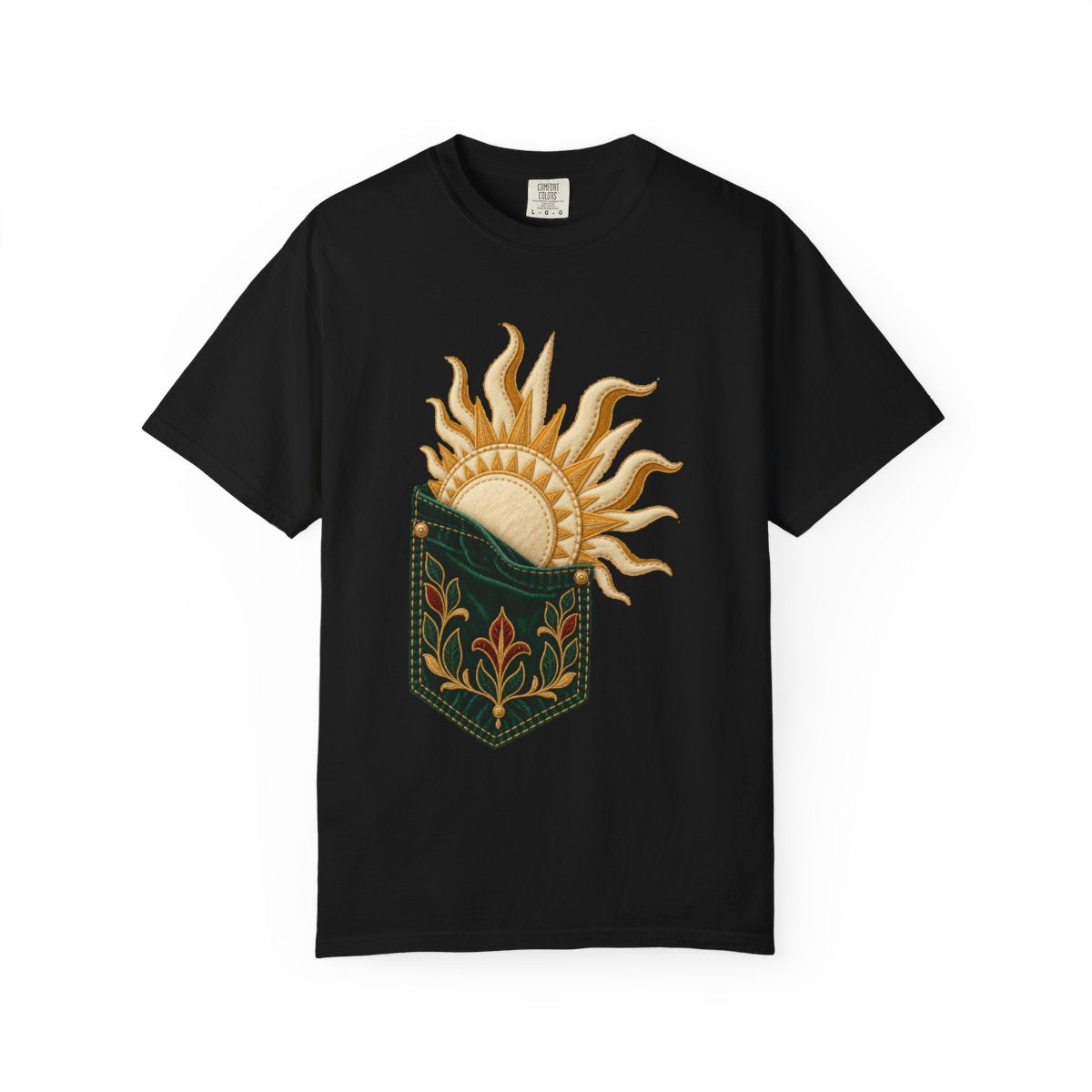 Pocket Sunrise Tee large front print on a Black Comfort Colors 1717 tee