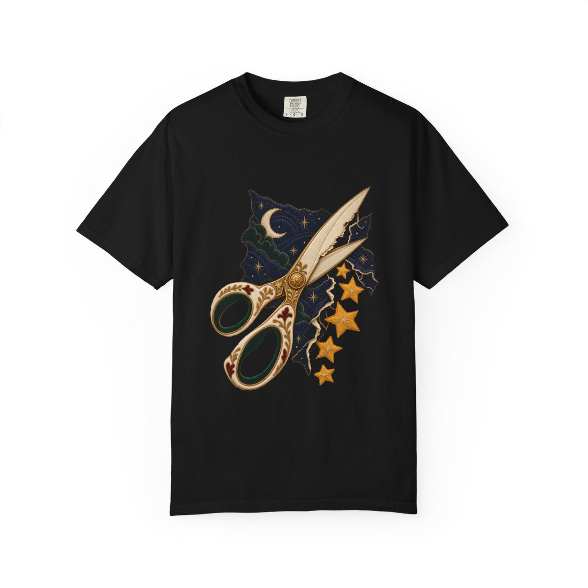 Star Shears Tee large front print on a Black Comfort Colors 1717 tee