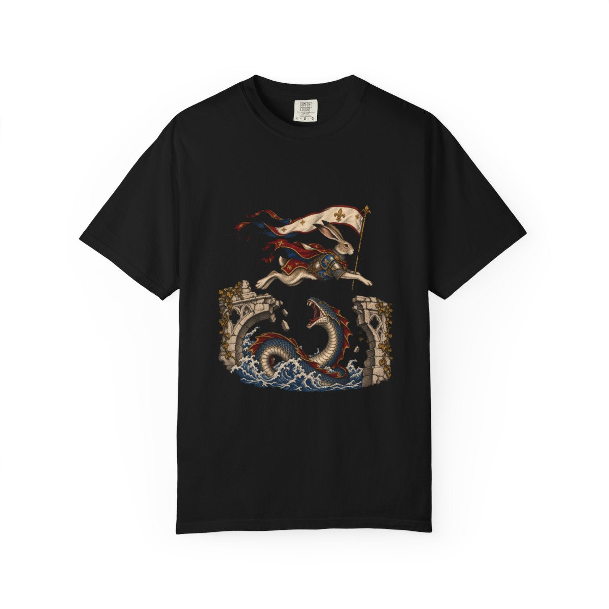 Hare Crossing Tee large front print on a Black Comfort Colors 1717 tee