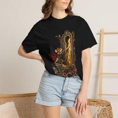 Keyhole Knight Tee worn Printify context view on a Black Comfort Colors 1717 tee