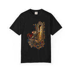 Keyhole Knight Tee large front print on a Black Comfort Colors 1717 tee