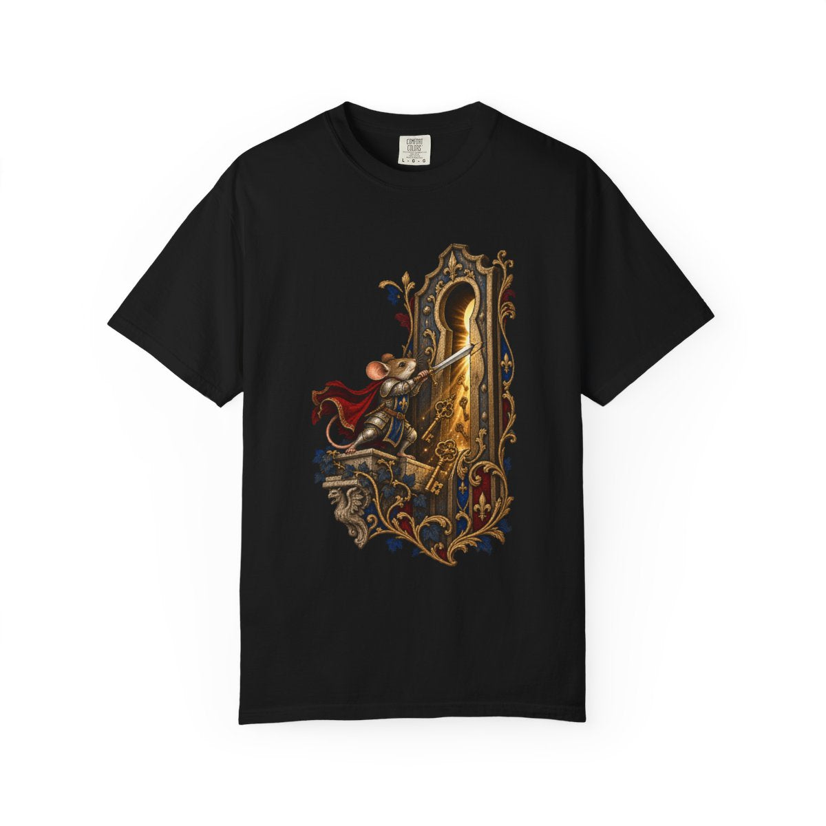 Keyhole Knight Tee large front print on a Black Comfort Colors 1717 tee