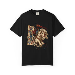 Paper Steed Tee large front print on a Black Comfort Colors 1717 tee