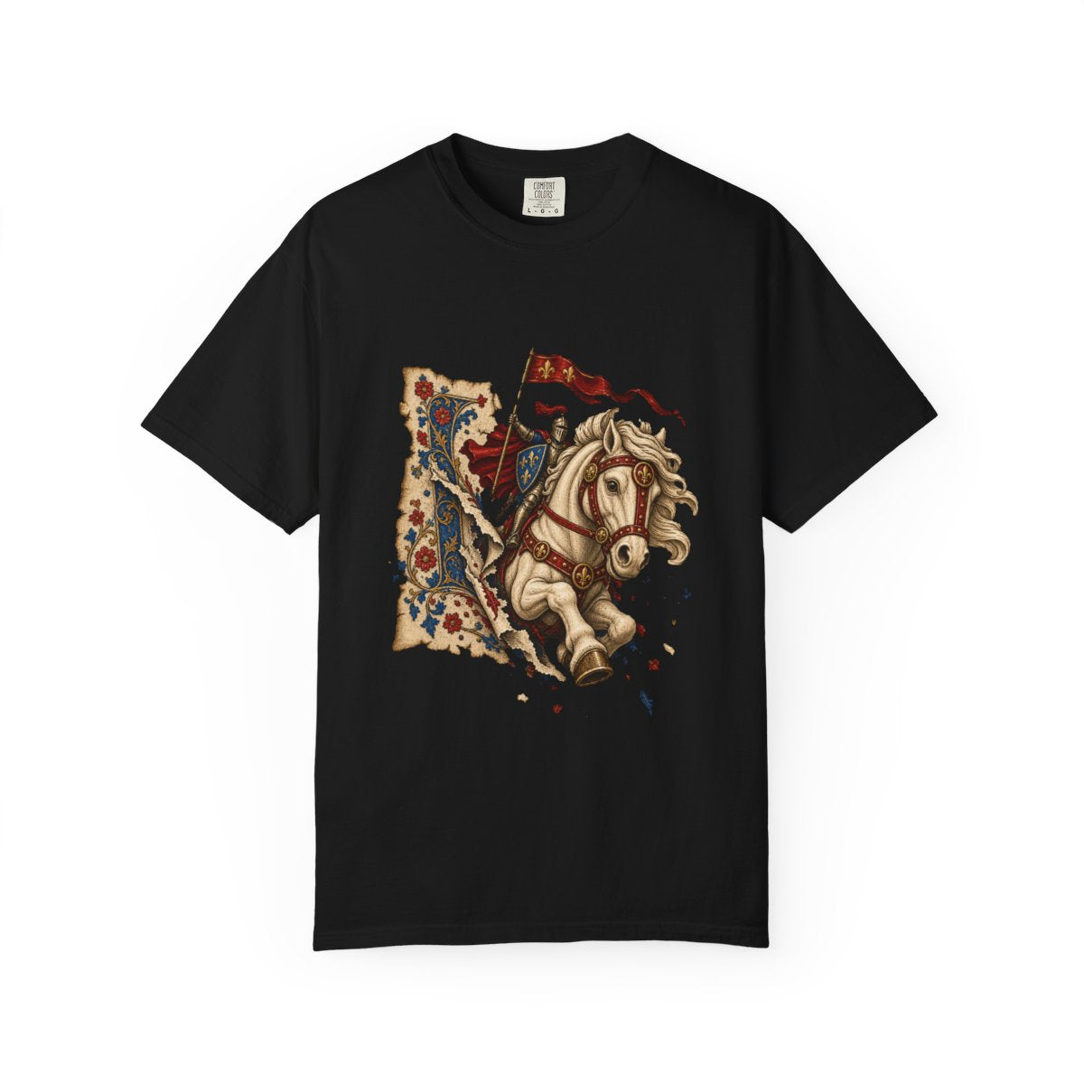 Paper Steed Tee large front print on a Black Comfort Colors 1717 tee
