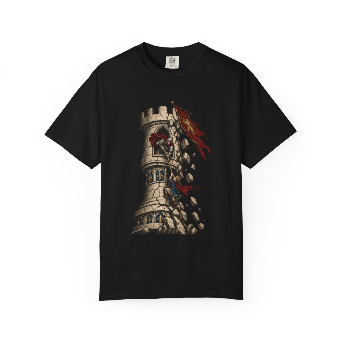 Rook Rescue Tee large front print on a Black Comfort Colors 1717 tee