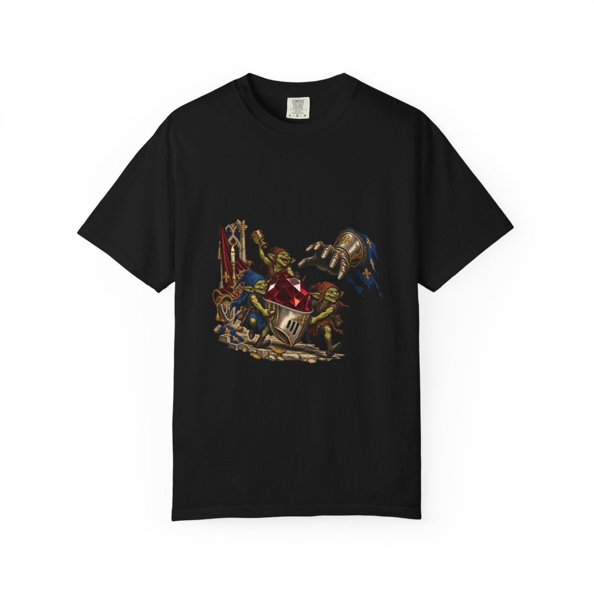 Ruby Heist Tee large front print on a Black Comfort Colors 1717 tee
