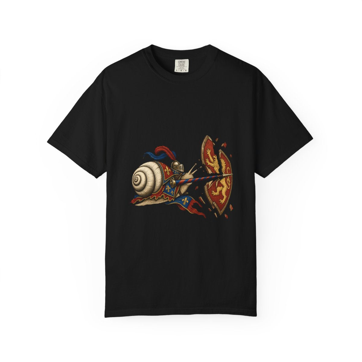 Snail Joust Tee large front print on a Black Comfort Colors 1717 tee