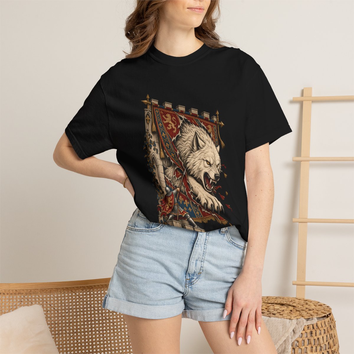 Wolf at the Wall Tee worn Printify context view on a Black Comfort Colors 1717 tee