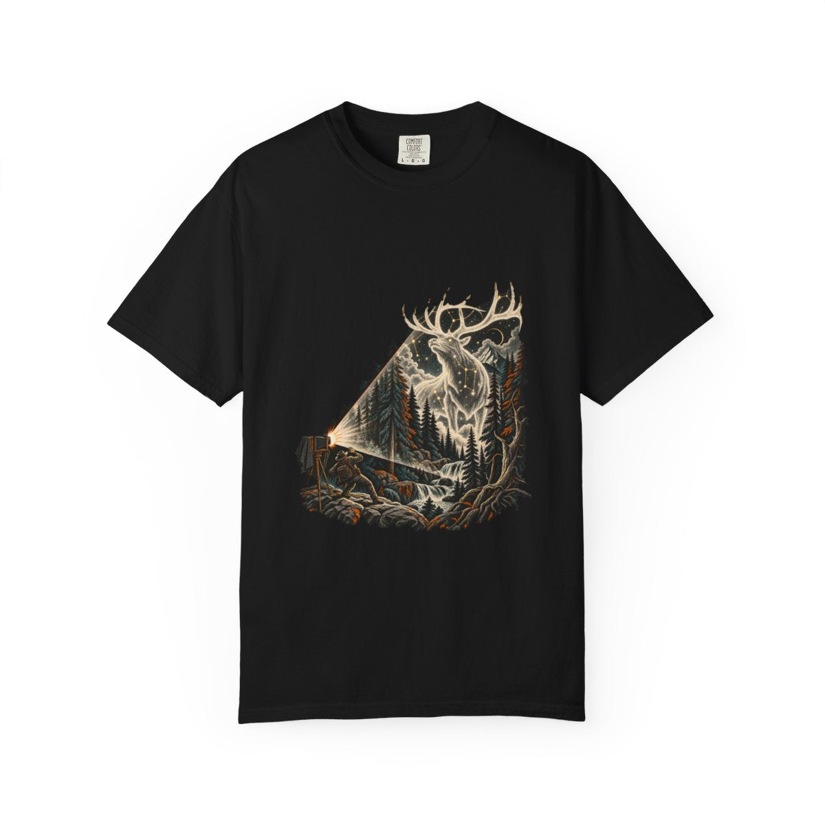 Ghost in Frame Tee large front print on a Black Comfort Colors 1717 tee