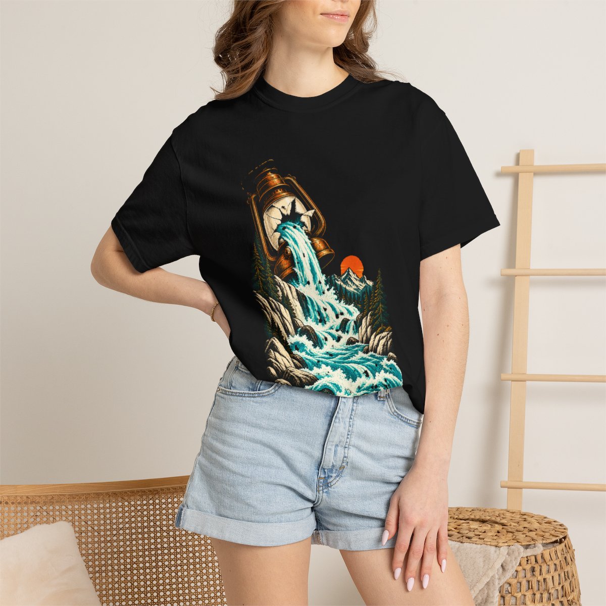 Lantern Flood Tee worn Printify context view on a Black Comfort Colors 1717 tee