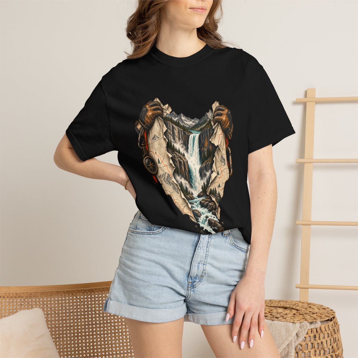 Tear the Map Tee worn Printify context view on a Black Comfort Colors 1717 tee