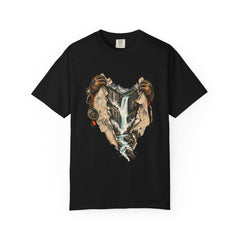Tear the Map Tee large front print on a Black Comfort Colors 1717 tee