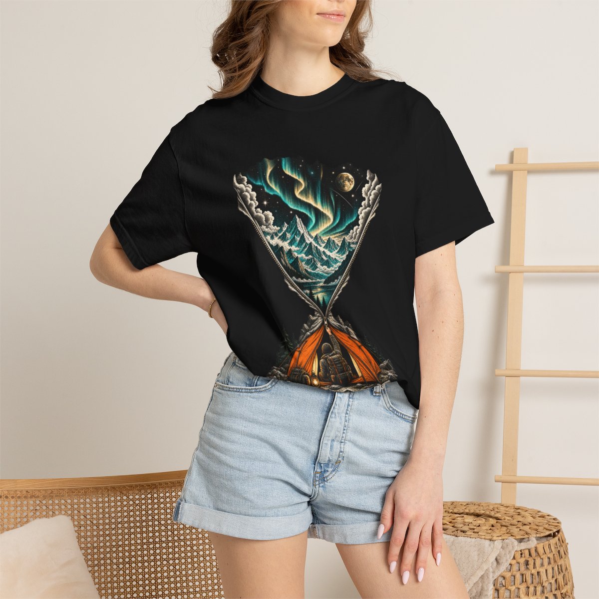 Unzip the Sky Tee worn Printify context view on a Black Comfort Colors 1717 tee