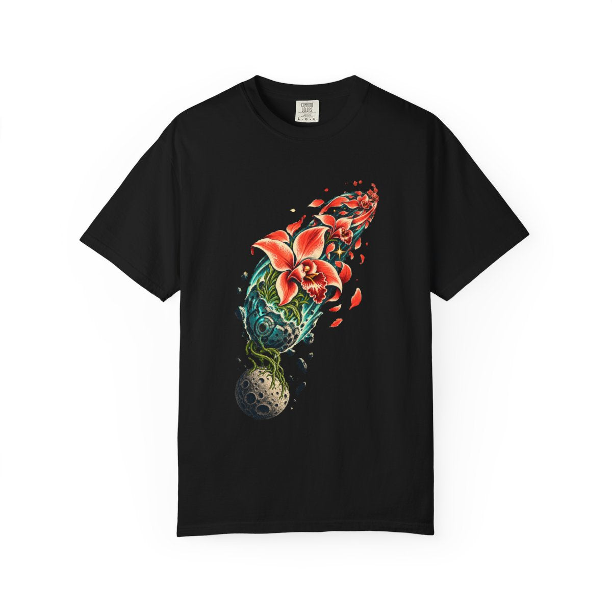 Comet Orchid Tee large front print on a Black Comfort Colors 1717 tee