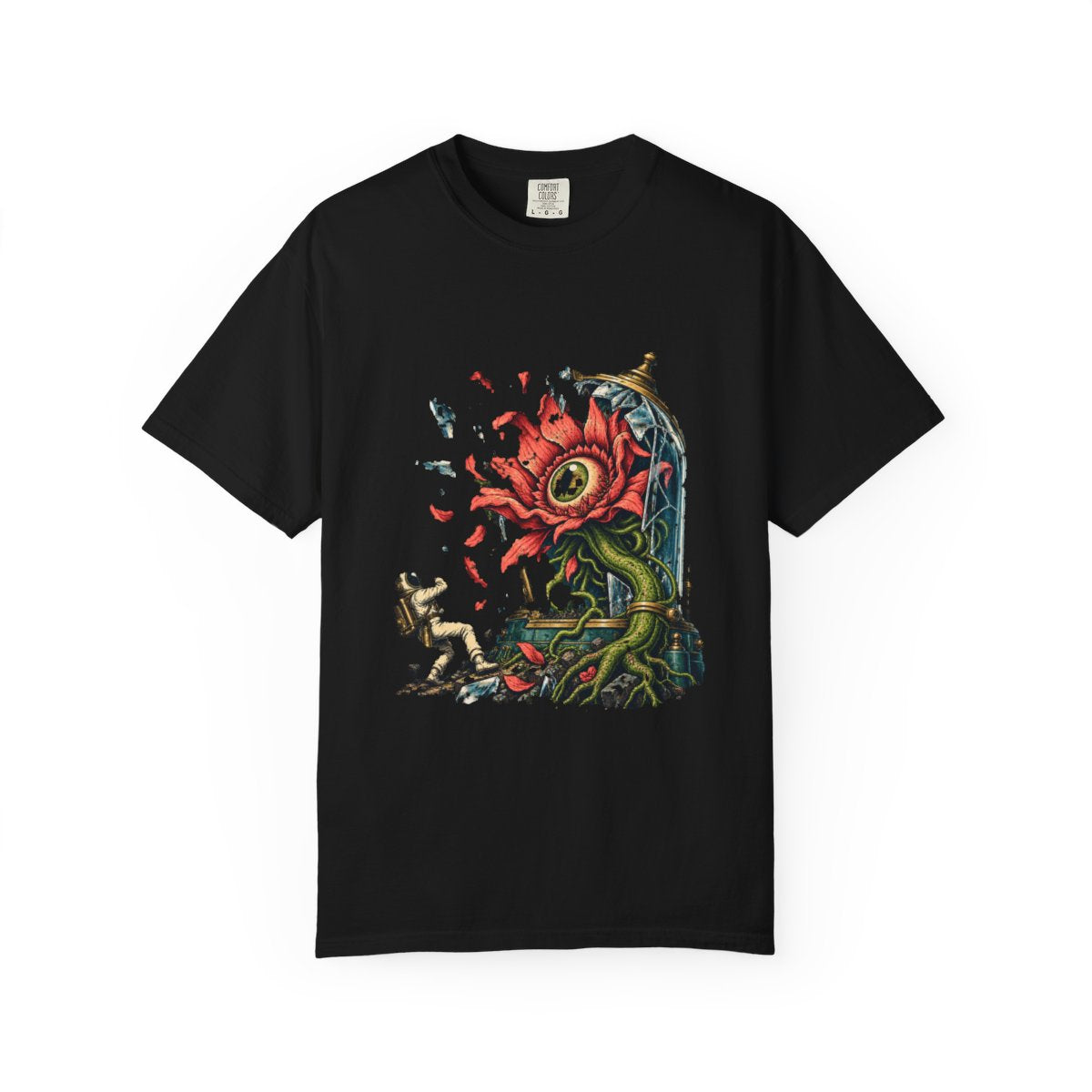 Glass Eye Tee large front print on a Black Comfort Colors 1717 tee