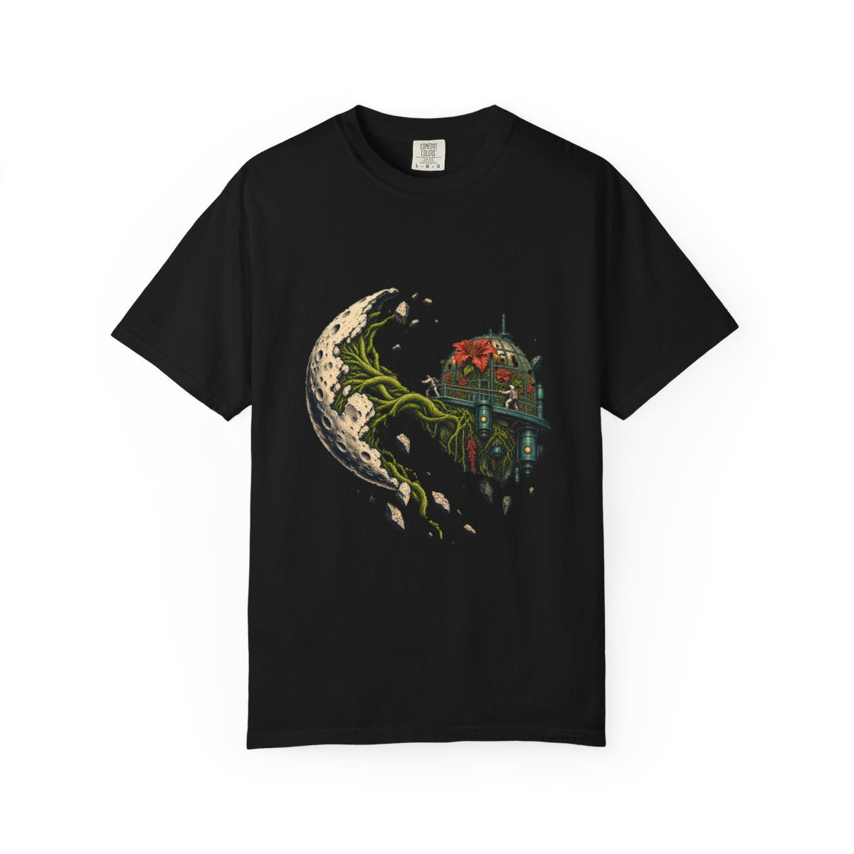 Moon Roots Tee large front print on a Black Comfort Colors 1717 tee