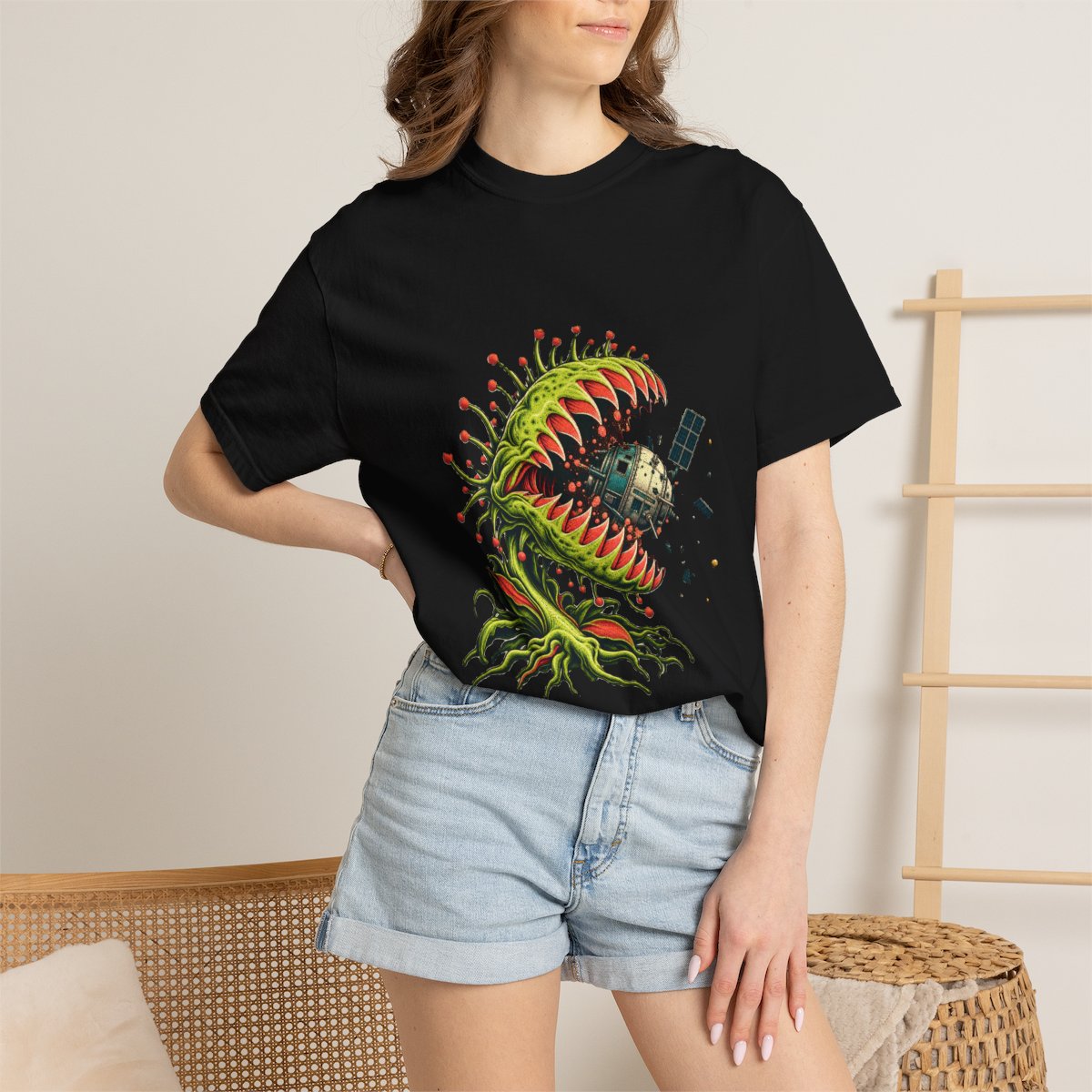Probe Eater Tee worn Printify context view on a Black Comfort Colors 1717 tee