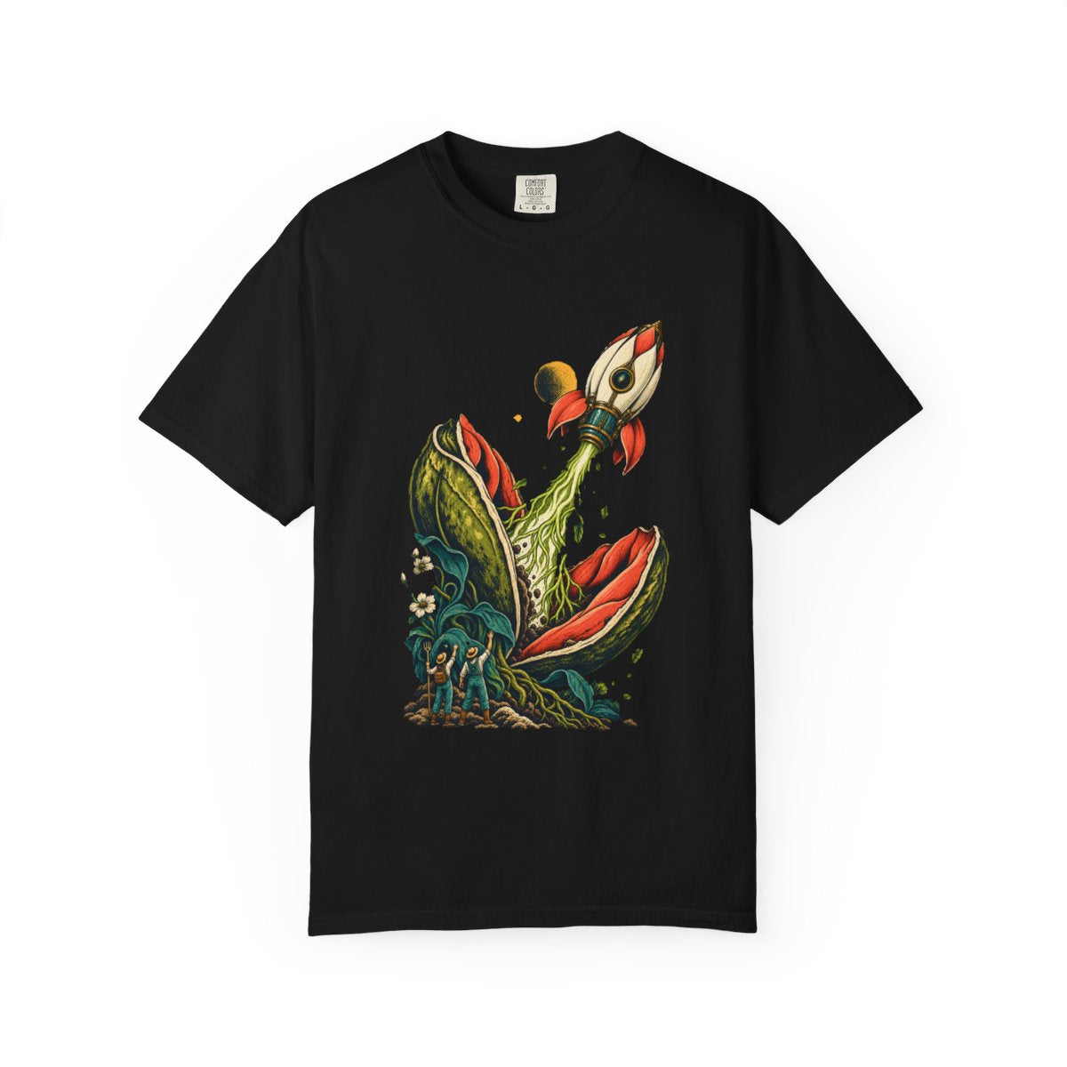 Seed Launch Tee large front print on a Black Comfort Colors 1717 tee