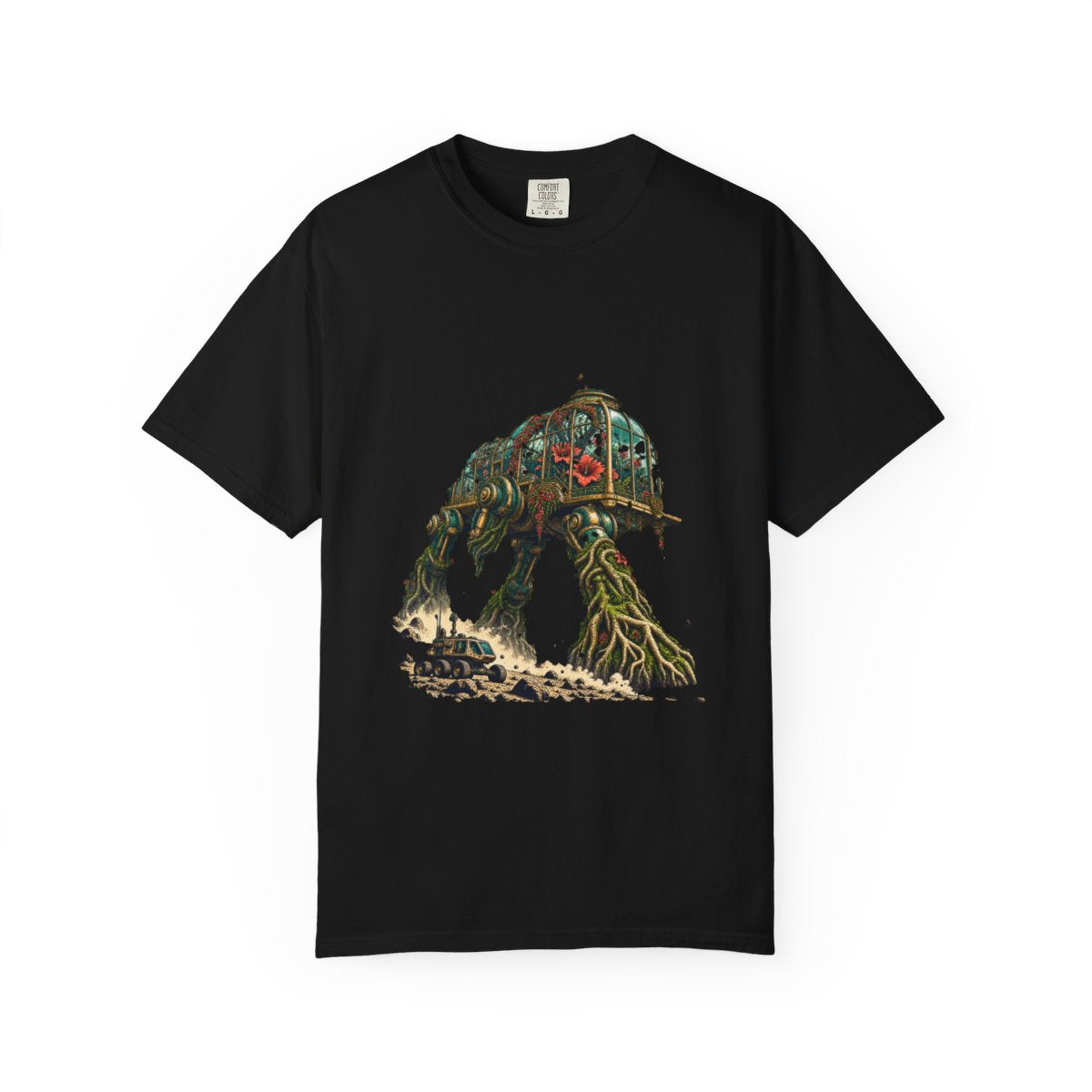 The Greenhouse Walks Tee large front print on a Black Comfort Colors 1717 tee