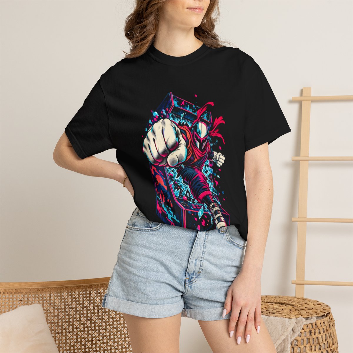 Arcade Escape Tee worn Printify context view on a Black Comfort Colors 1717 tee