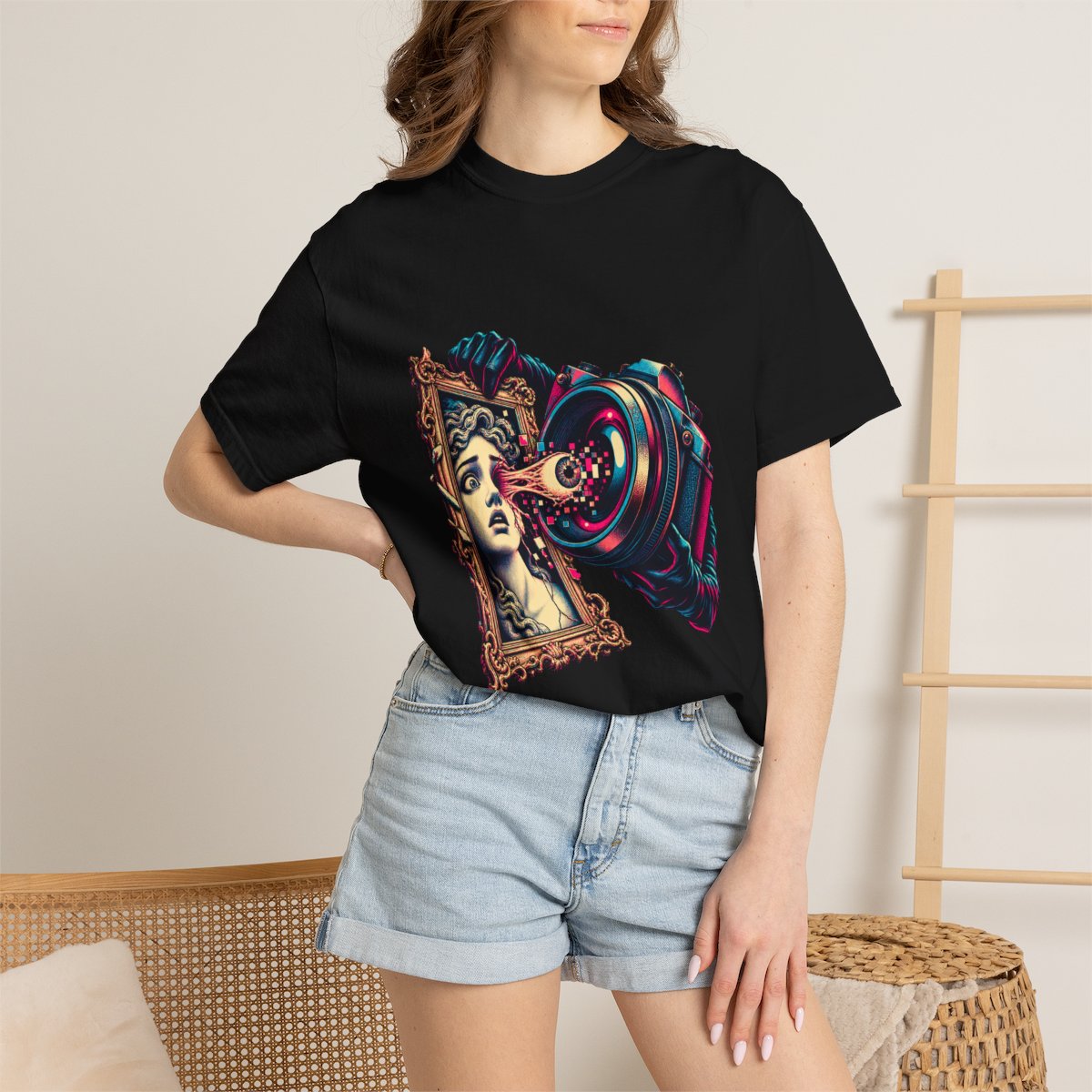 Camera Theft Tee worn Printify context view on a Black Comfort Colors 1717 tee