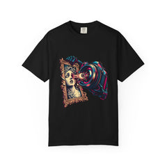 Camera Theft Tee large front print on a Black Comfort Colors 1717 tee